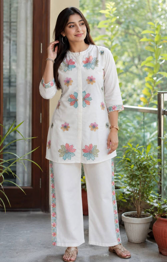 Off-White Cotton Short Kurta Co-Ord Set with Pastel Floral Motifs & Striped Pants