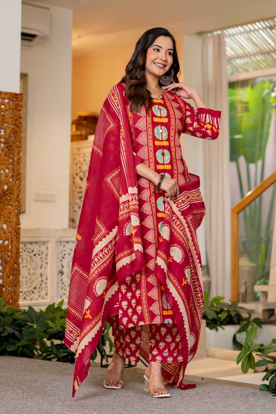 Magenta Bloom: Festive Block-Print Cotton Suit Set with Geometric Yoke & Dupatta