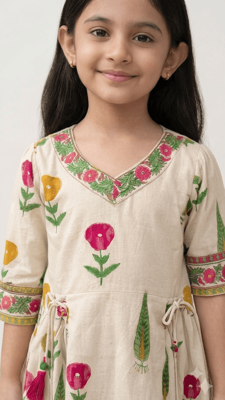 Girls Off-White & Pink Hand Block Printed Cotton Angrakha Kurta with Pant Set