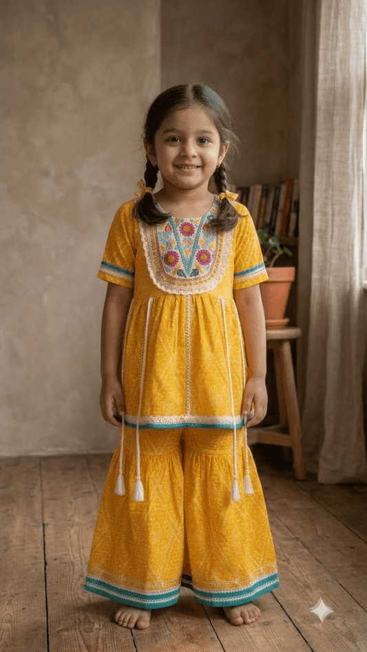 Girls Mustard Yellow Bandhani Printed Cotton Sharara Suit Set with Embroidered Yoke