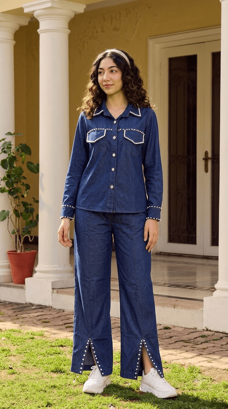 Blue Pearl-Embellished Denim Shirt with Wide-Leg Trouser Set - satrangihouse