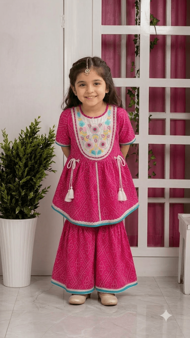 Girls Fuchsia Pink Bandhani Printed Cotton Sharara Suit Set with Embroidered Yoke