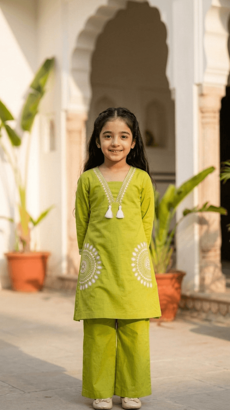 Girls Lime Green Embroidered Kurta and Palazzo Co-Ord Set | Kids Indo-Western Traditional Cotton Festive Wear Dress