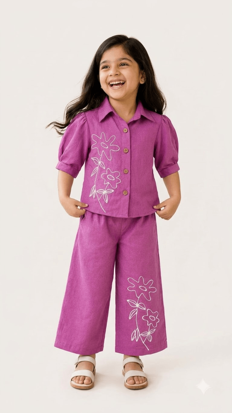 Girls Orchid Purple Linen Cotton Floral Embroidered Shirt with Wide-Leg Pants Co-Ord Set