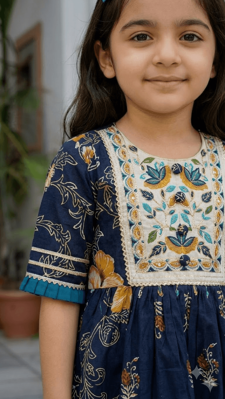 Girls Navy Blue Floral Printed Cotton Kurta with Dhoti Pant Set & Embroidered Yoke