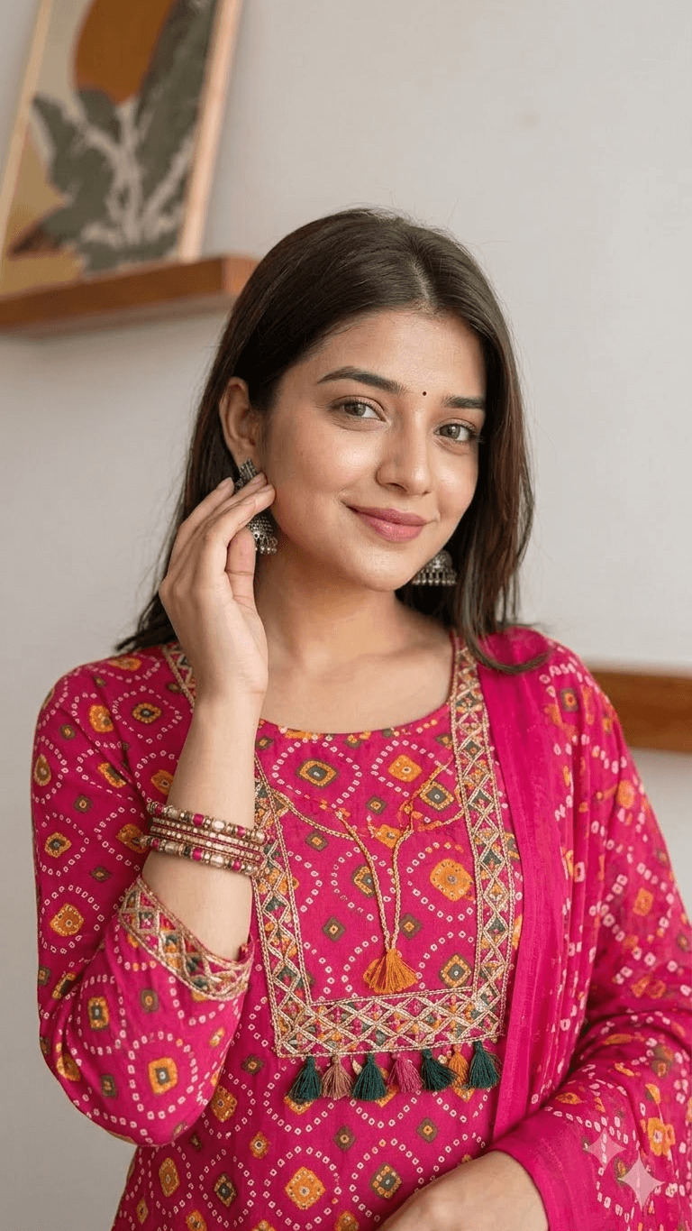 Rani Pink Bandhani-Print Cotton Kurta with Sharara and Dupatta Set