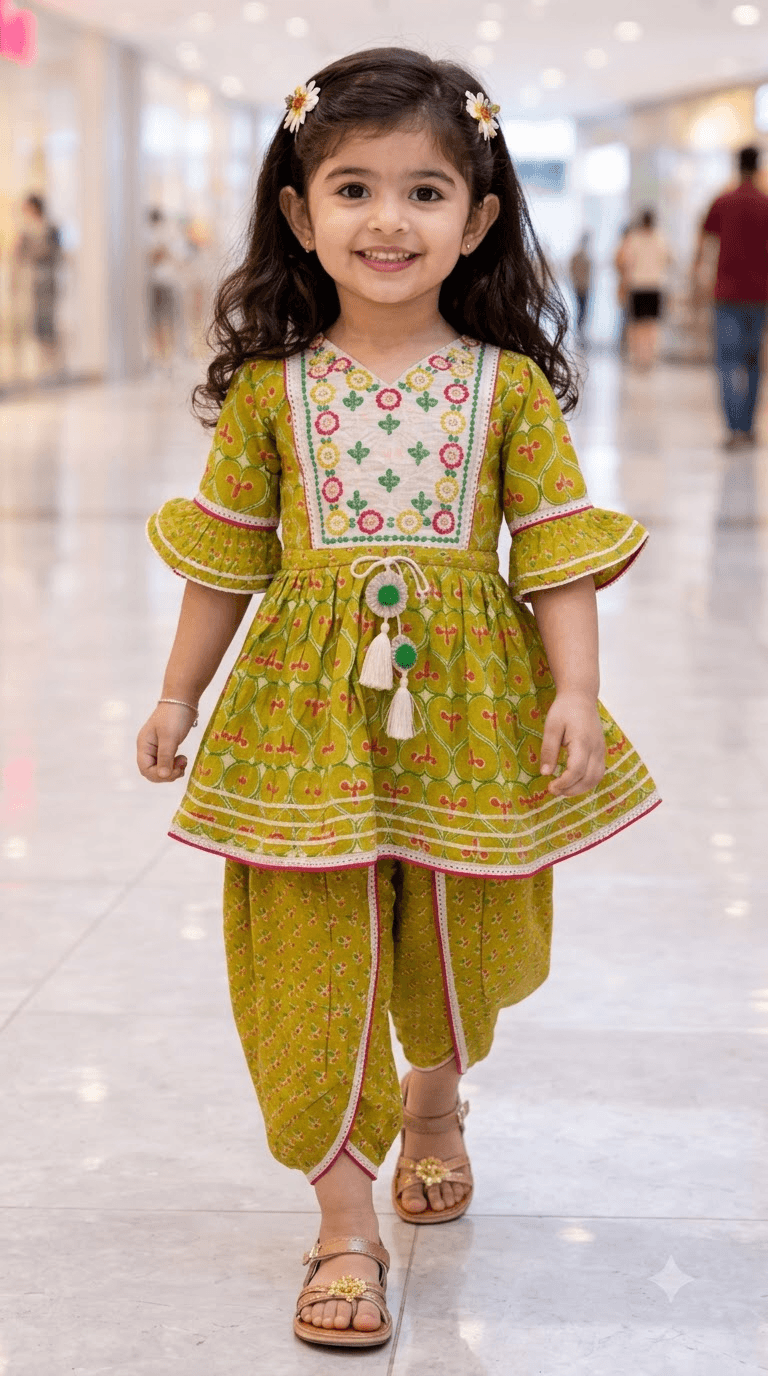 Girls Olive Green Printed Cotton Kurta with Dhoti Pant Set & Embroidered Yoke