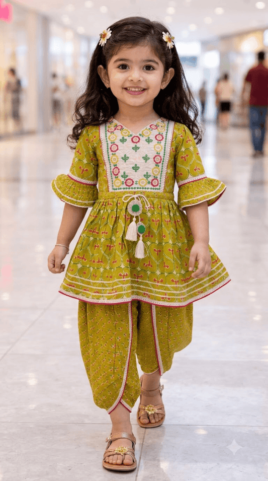 Girls Olive Green Printed Cotton Kurta with Dhoti Pant Set & Embroidered Yoke