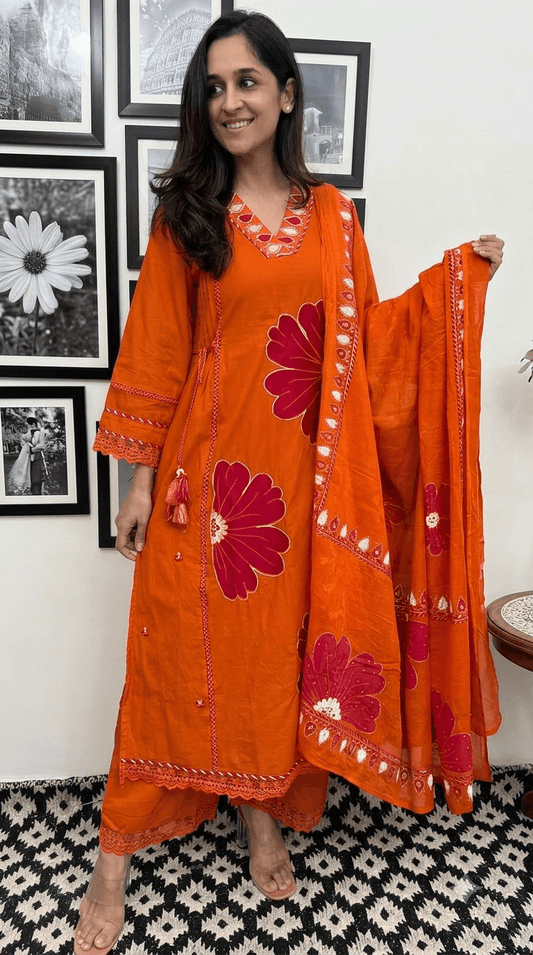 Orange Embroidered Cotton Kurta, Salwar with Dupatta Set
