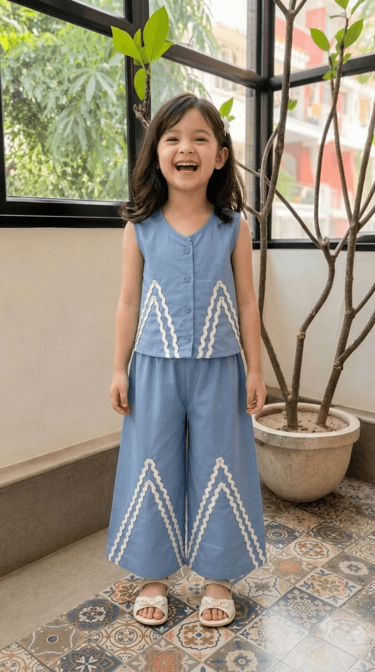 Girls Slate Blue Cotton Vest Top & Wide-Leg Pants Co-Ord Set with Lace Work