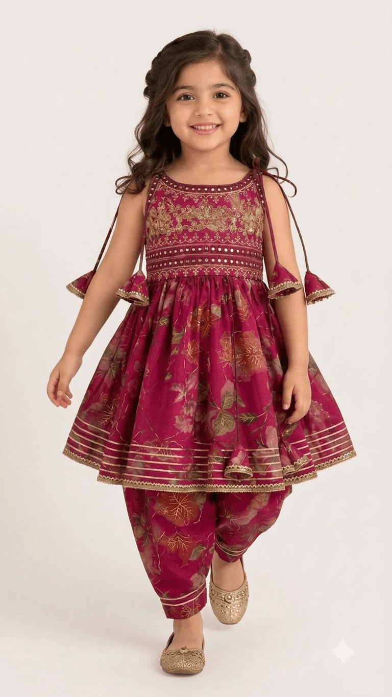 Girls Magenta Pink Floral Printed Peplum Kurta with Dhoti Pant Set