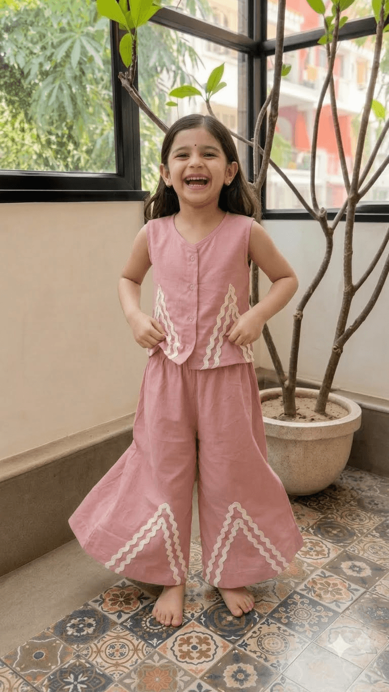 Girls Dusty Rose Pink Cotton Vest Top & Wide-Leg Pants Co-Ord Set with Lace Work