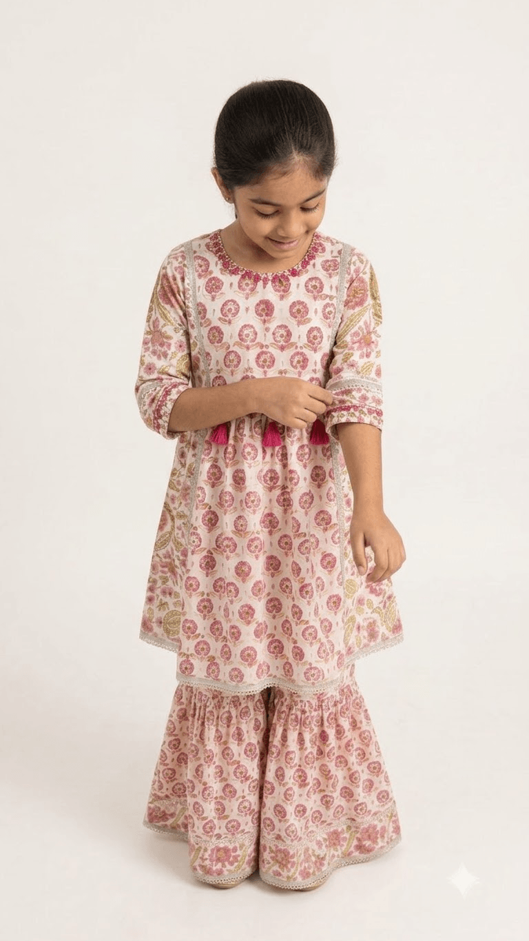 Girls Off-White & Pink Floral Block Printed Cotton Sharara Suit Set
