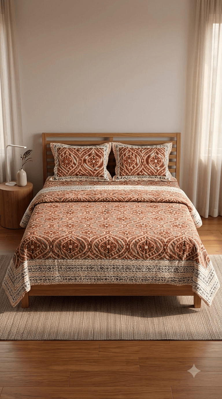 Rust Orange and Terracotta Block-Print Style Cotton Double Bedsheet with Pillow Covers