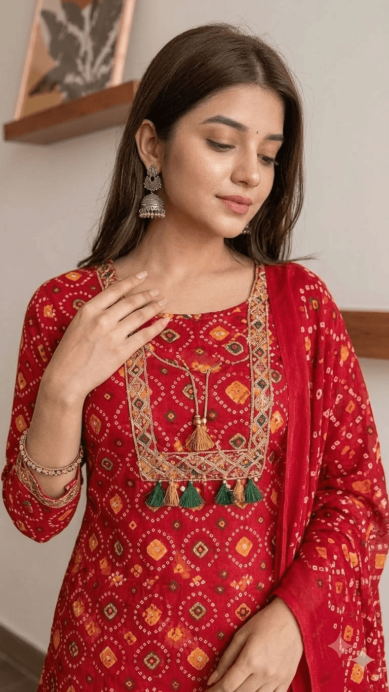 Red Bandhani-Print Cotton Kurta with Sharara and Dupatta Set