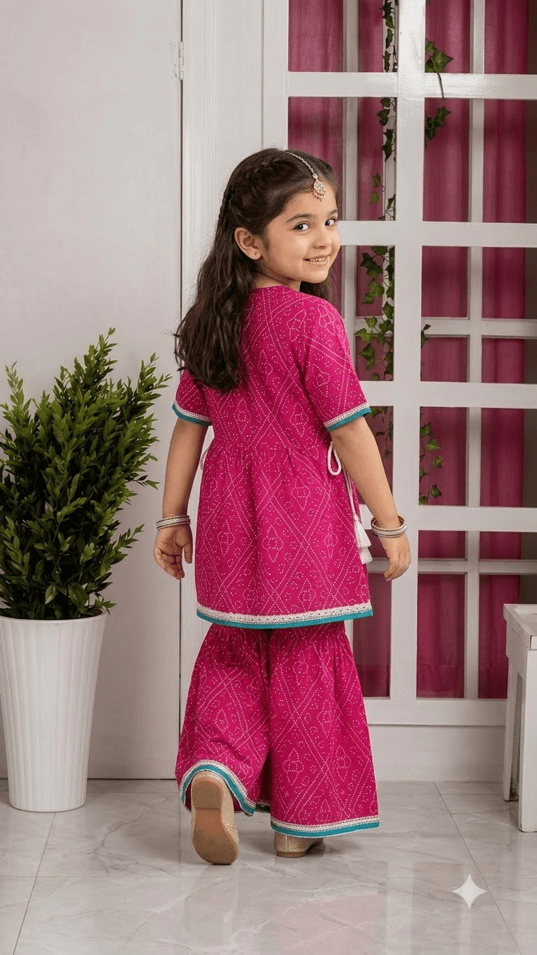 Girls Fuchsia Pink Bandhani Printed Cotton Sharara Suit Set with Embroidered Yoke