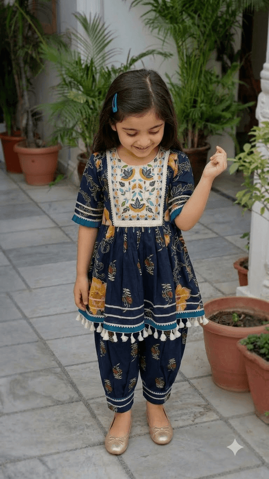 Girls Navy Blue Floral Printed Cotton Kurta with Dhoti Pant Set & Embroidered Yoke