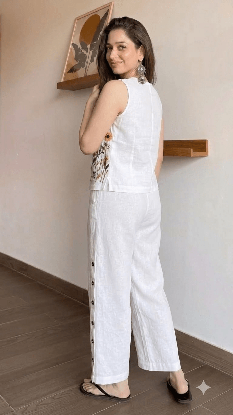 White Embroidered Cotton Sleeveless Top with Wide-Leg Trouser Set