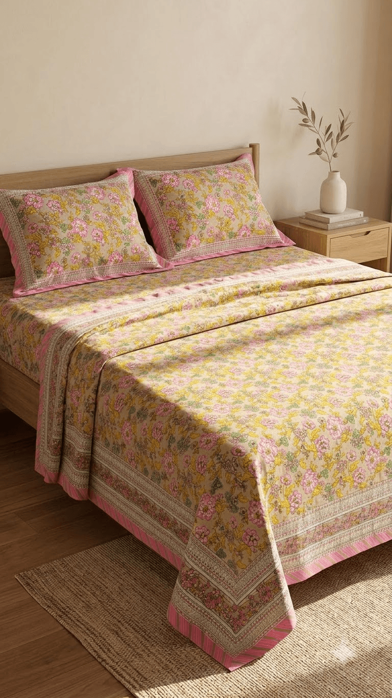 Pink and Yellow Floral Block-Print Style Cotton Double Bedsheet with Pillow Covers