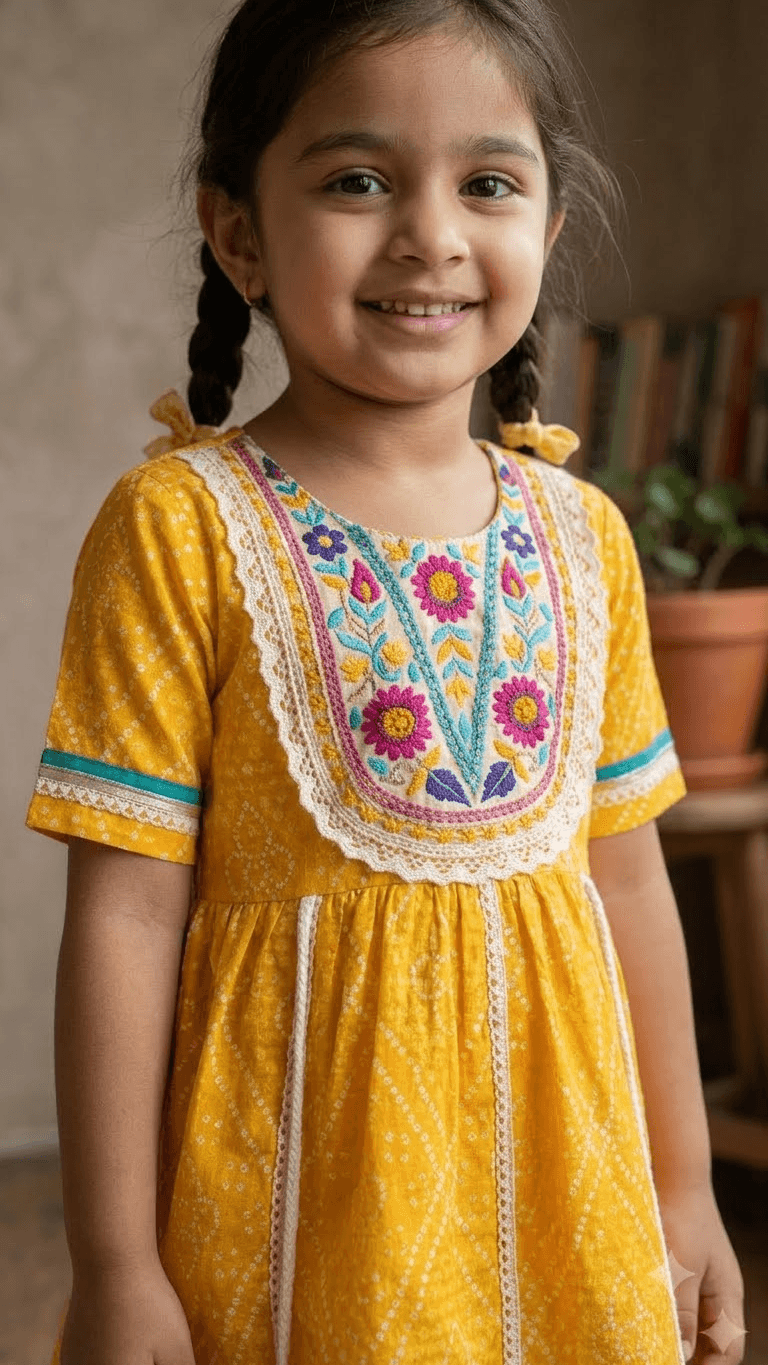 Girls Mustard Yellow Bandhani Printed Cotton Sharara Suit Set with Embroidered Yoke
