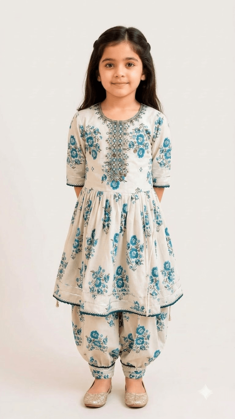 Girls Off-White & Turquoise Blue Floral Printed Cotton Kurta with Dhoti Pant Set