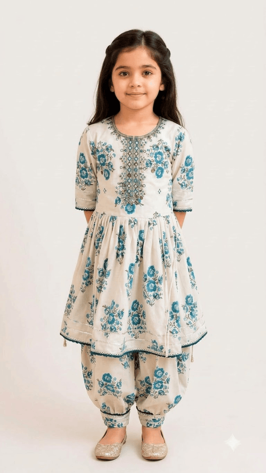 Girls Off-White & Turquoise Blue Floral Printed Cotton Kurta with Dhoti Pant Set