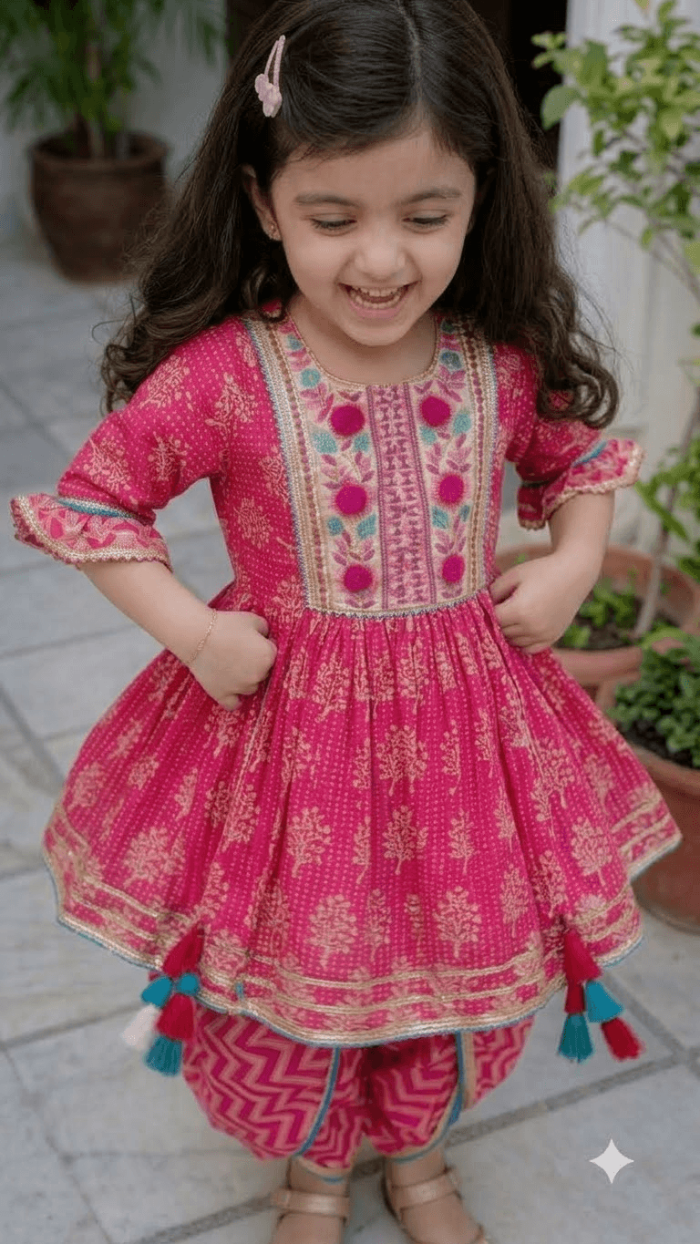 Girls Fuchsia Pink Printed Cotton Kurta with Chevron Tulip Dhoti Pant Set
