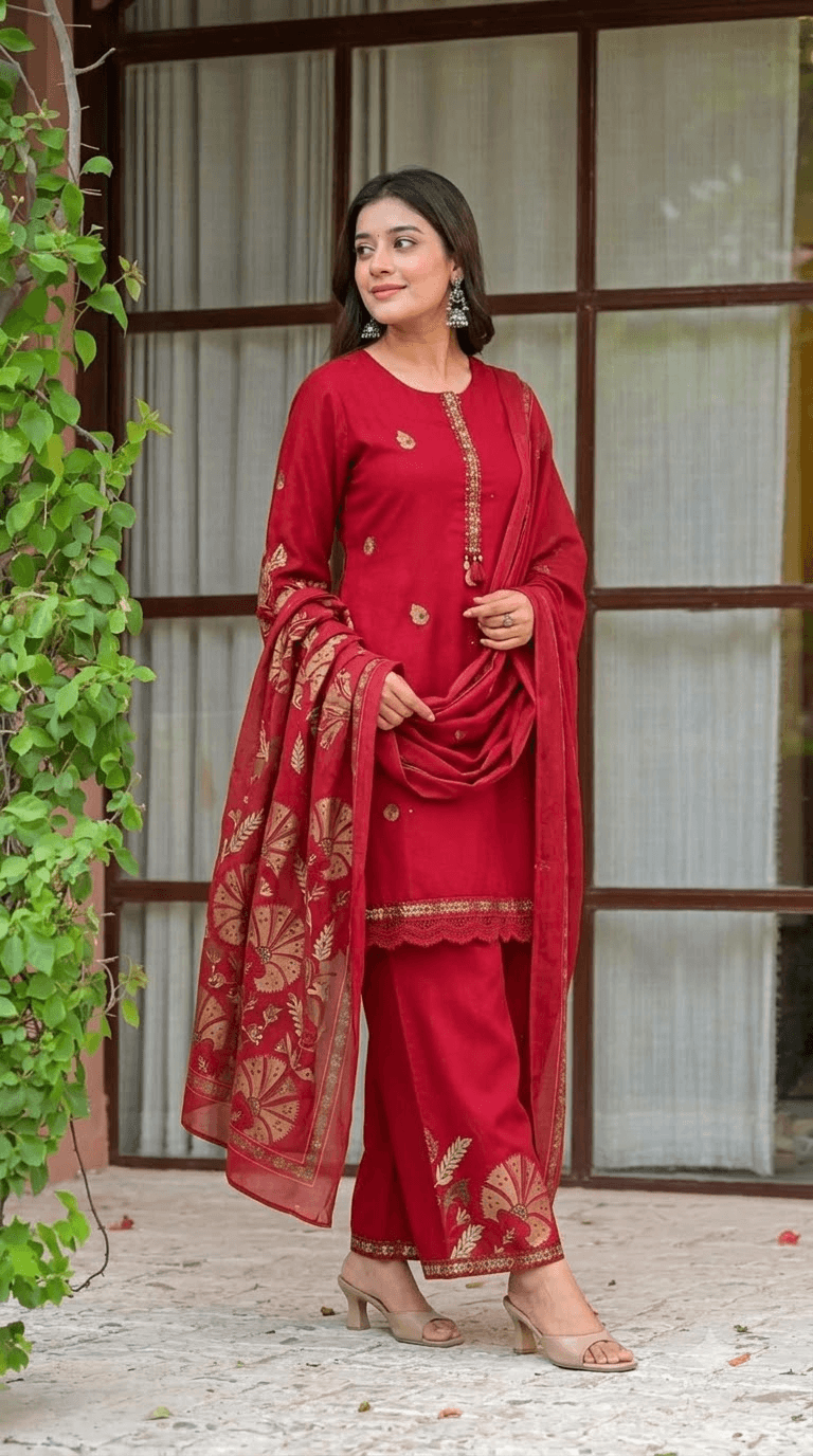 Red Embroidered Cotton Kurta with Palazzo and Dupatta Set