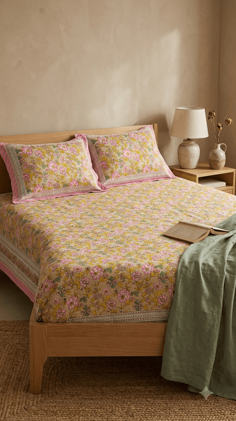 Pink and Yellow Floral Block-Print Style Cotton Double Bedsheet with Pillow Covers