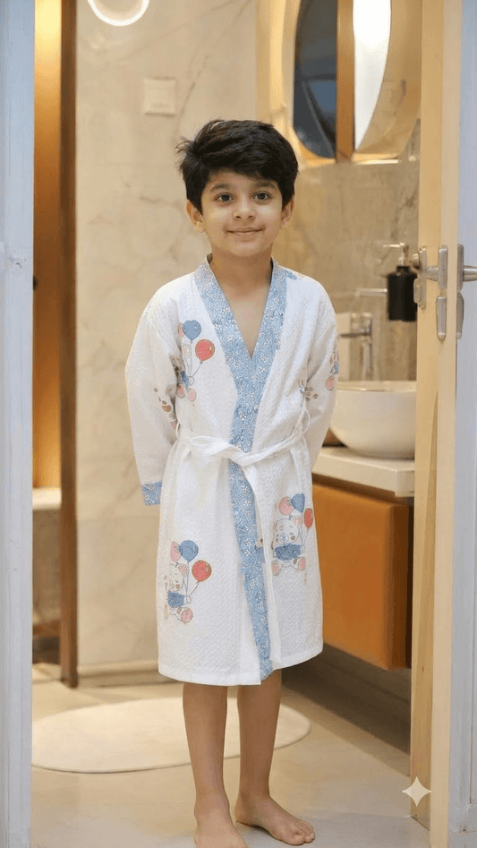 Kids Off-White & Powder Blue Elephant Balloon Printed 100% Cotton Waffle Bathrobe