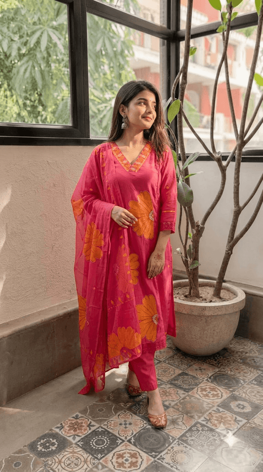 Hot Pink Embroidered Cotton Kurta, Salwar with Dupatta Set