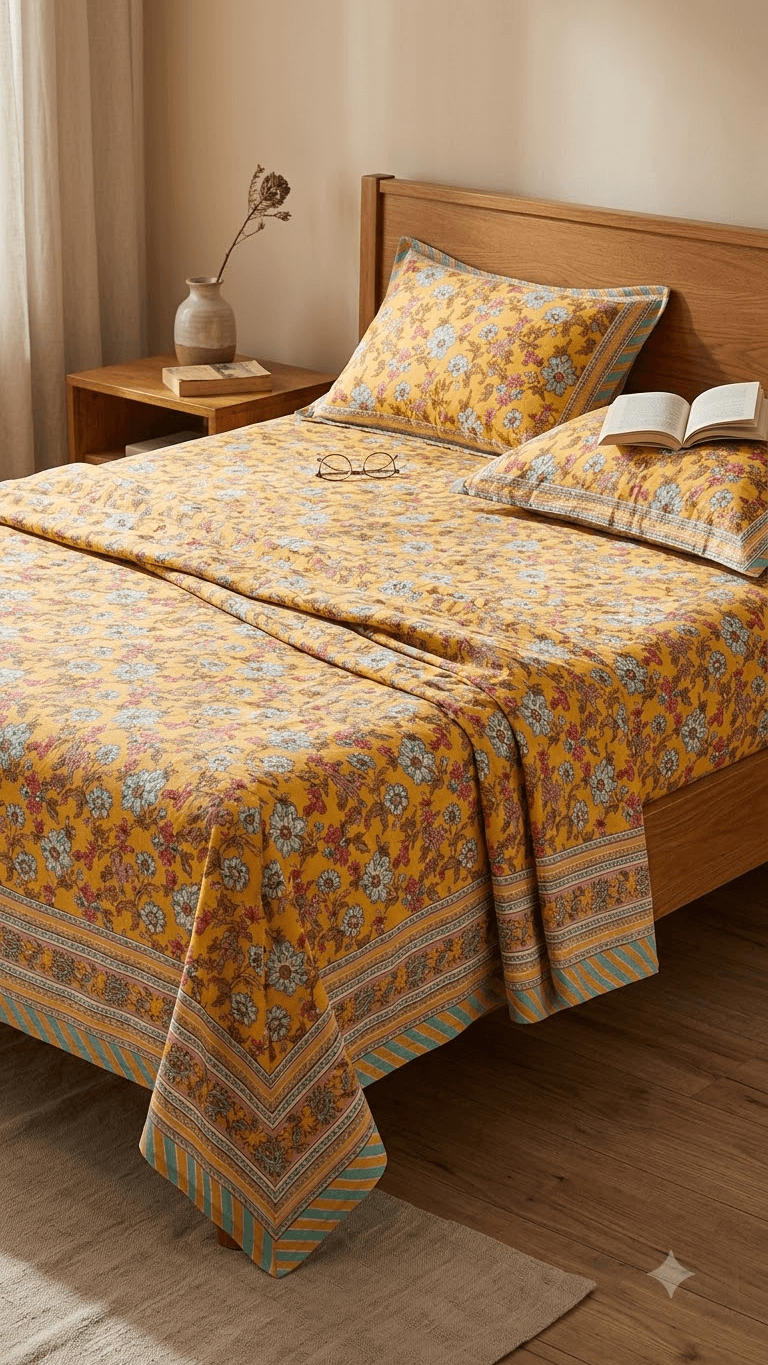Yellow Floral Block-Print Style Cotton Double Bedsheet with Pillow Covers