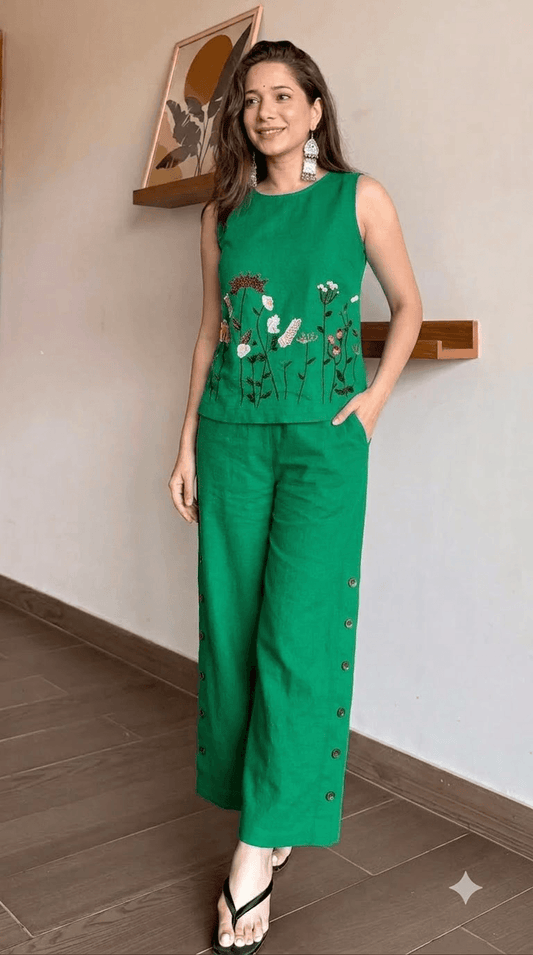 Emerald Green Embroidered Cotton Sleeveless Top with Wide-Leg Trouser Set