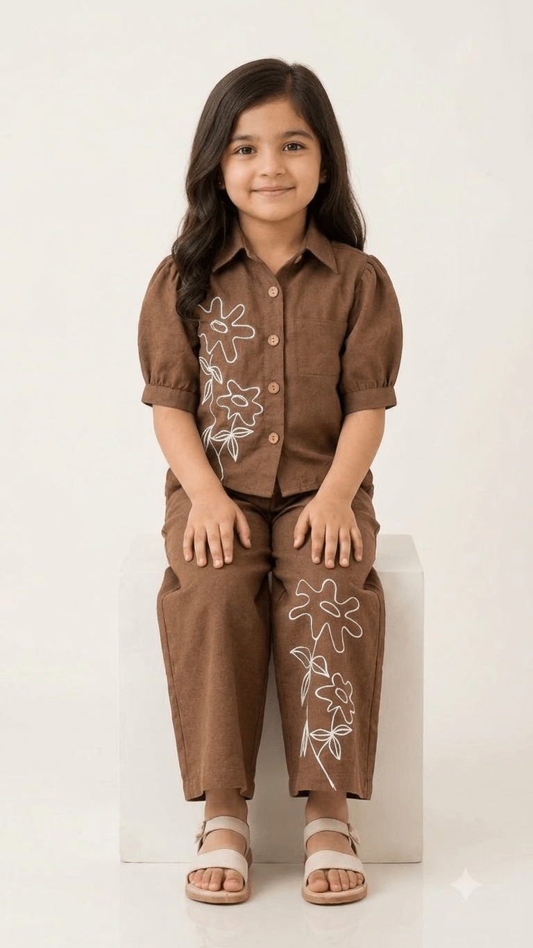 Girls Chestnut Brown Linen Cotton Floral Embroidered Shirt with Wide-Leg Pants Co-Ord Set