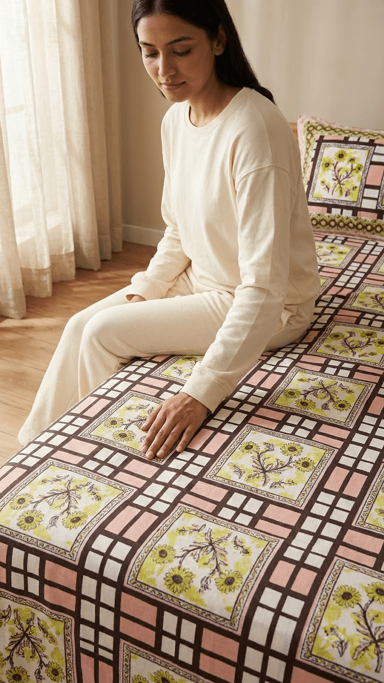 Olive Green and Pink Geometric Check Block-Print Style Cotton Double Bedsheet with Pillow Covers
