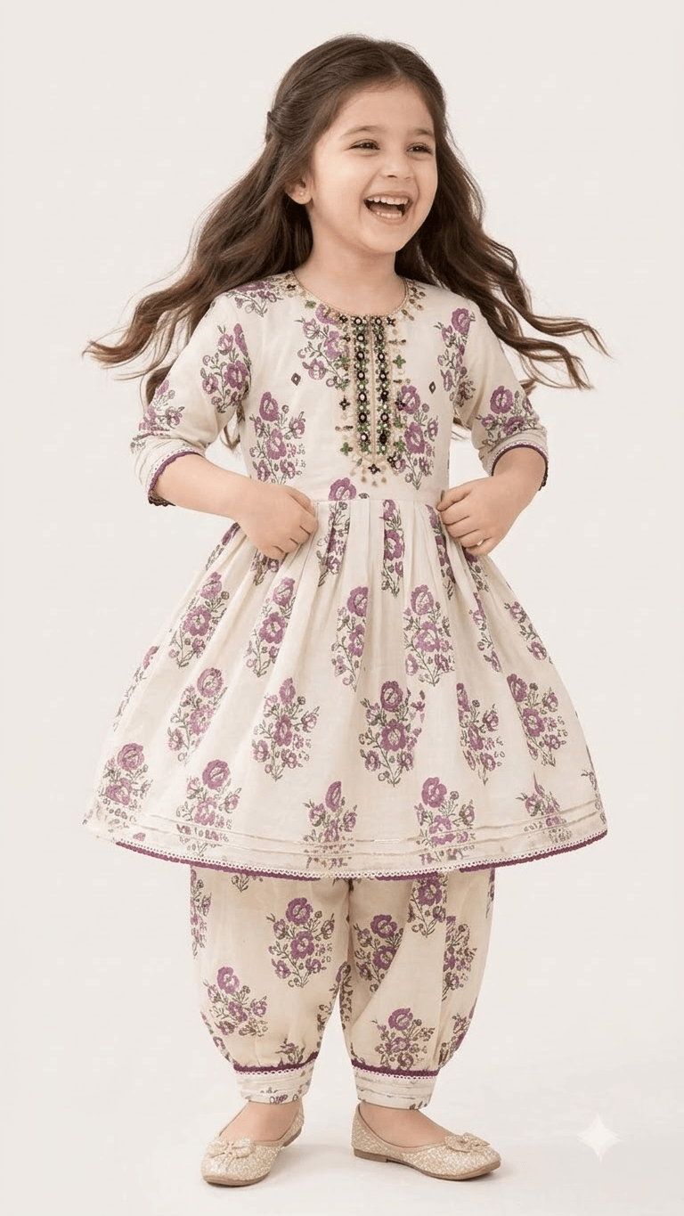 Girls Off-White & Purple Floral Printed Cotton Kurta with Dhoti Pant Set