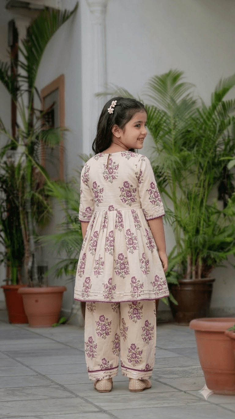 Girls Off-White & Purple Floral Printed Cotton Kurta with Straight Pant Set