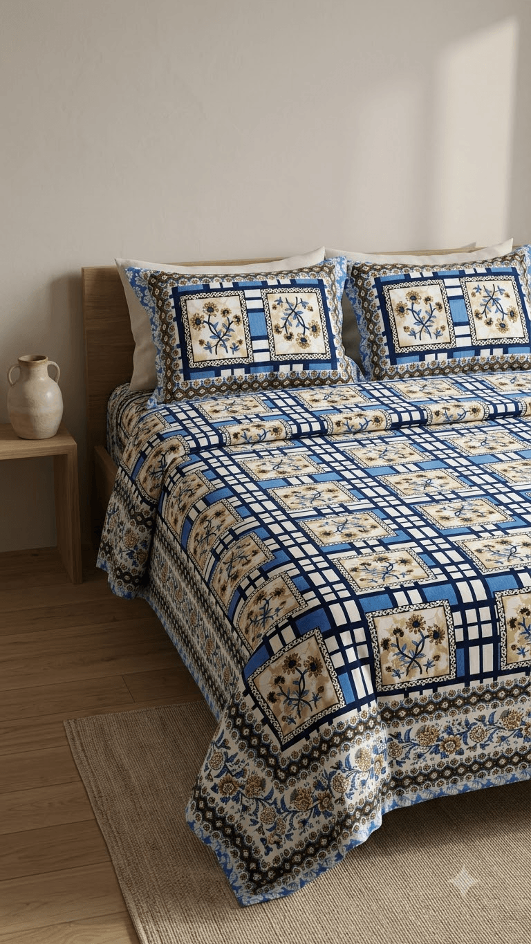 Royal Blue and Beige Geometric Floral Block-Print Style Cotton Double Bedsheet with Pillow Covers