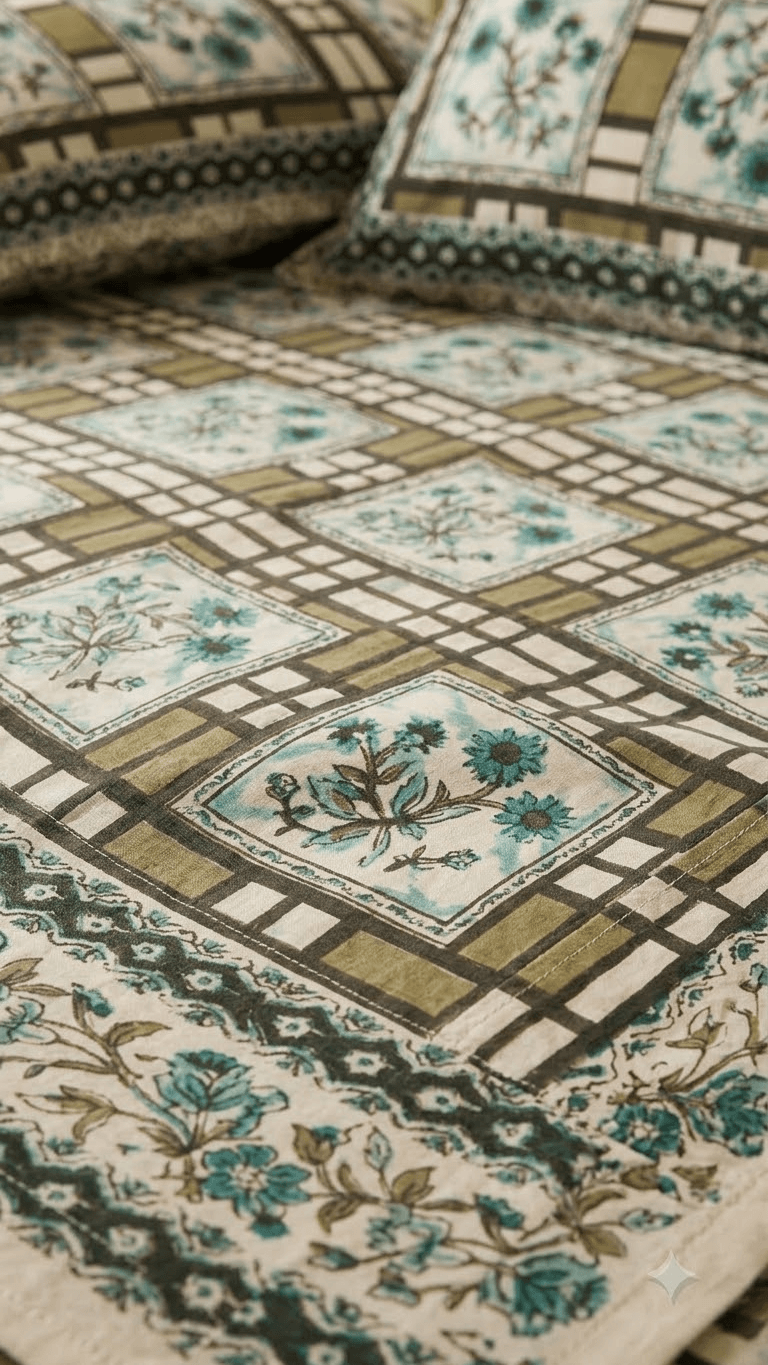 Teal and Beige Geometric Floral Block-Print Style Cotton Double Bedsheet with Lace Pillow Covers