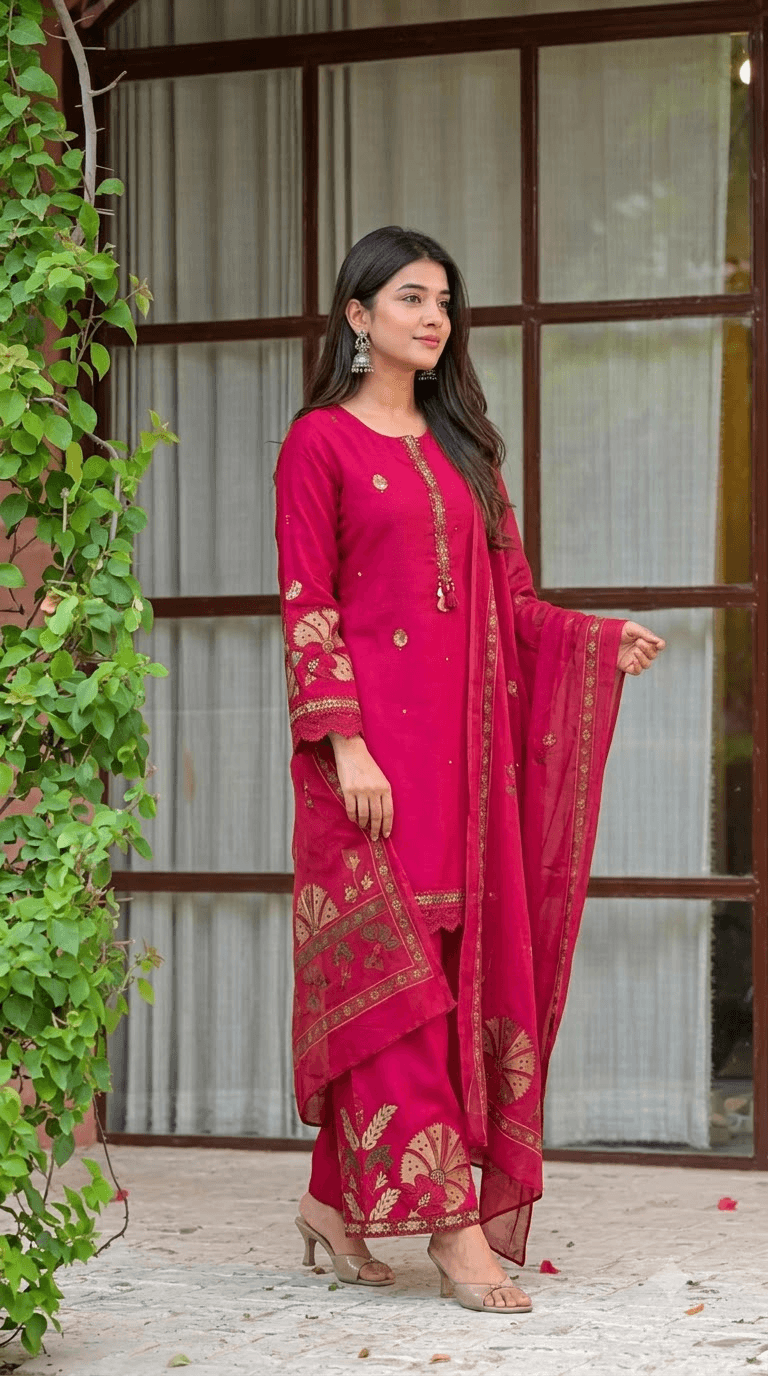 Rani Pink Embroidered Cotton Kurta with Palazzo and Dupatta Set