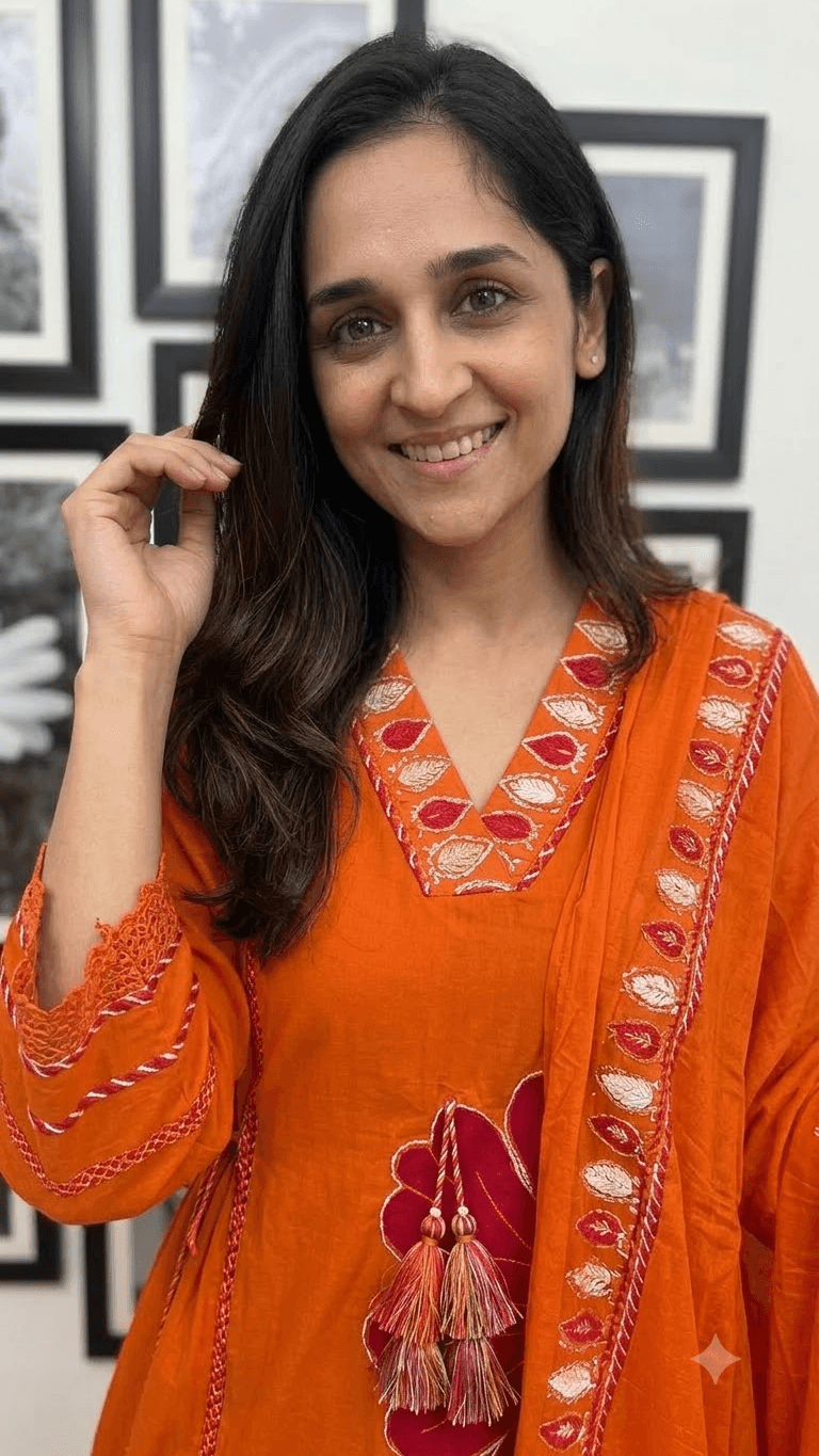 Orange Embroidered Cotton Kurta, Salwar with Dupatta Set