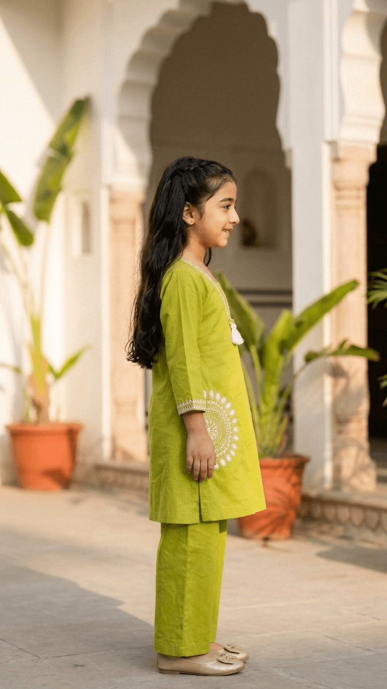 Girls Lime Green Embroidered Kurta and Palazzo Co-Ord Set | Kids Indo-Western Traditional Cotton Festive Wear Dress