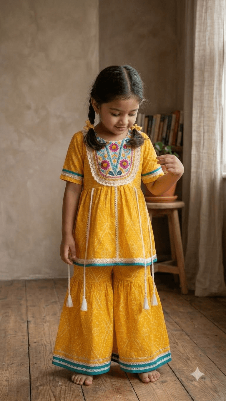 Girls Mustard Yellow Bandhani Printed Cotton Sharara Suit Set with Embroidered Yoke
