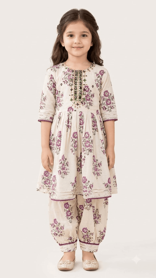 Girls Off-White & Purple Floral Printed Cotton Kurta with Dhoti Pant Set