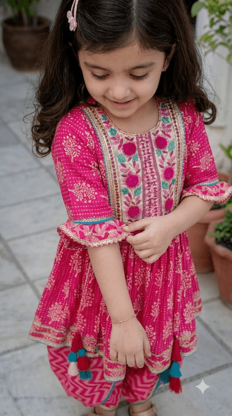 Girls Fuchsia Pink Printed Cotton Kurta with Chevron Tulip Dhoti Pant Set