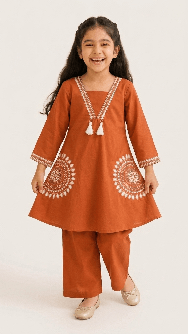 Girls Rust Orange Embroidered Kurta and Palazzo Co-Ord Set | Kids Indo-Western Traditional Cotton Festive Wear Dress