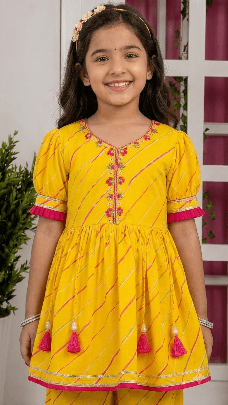 Girls Yellow & Pink Leheriya Printed Cotton Kurta with Dhoti Pant Set