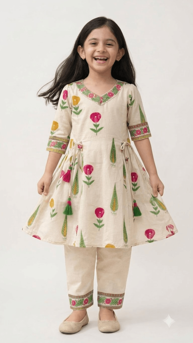 Girls Off-White & Pink Hand Block Printed Cotton Angrakha Kurta with Pant Set