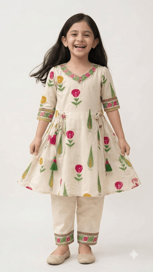 Girls Off-White & Pink Hand Block Printed Cotton Angrakha Kurta with Pant Set