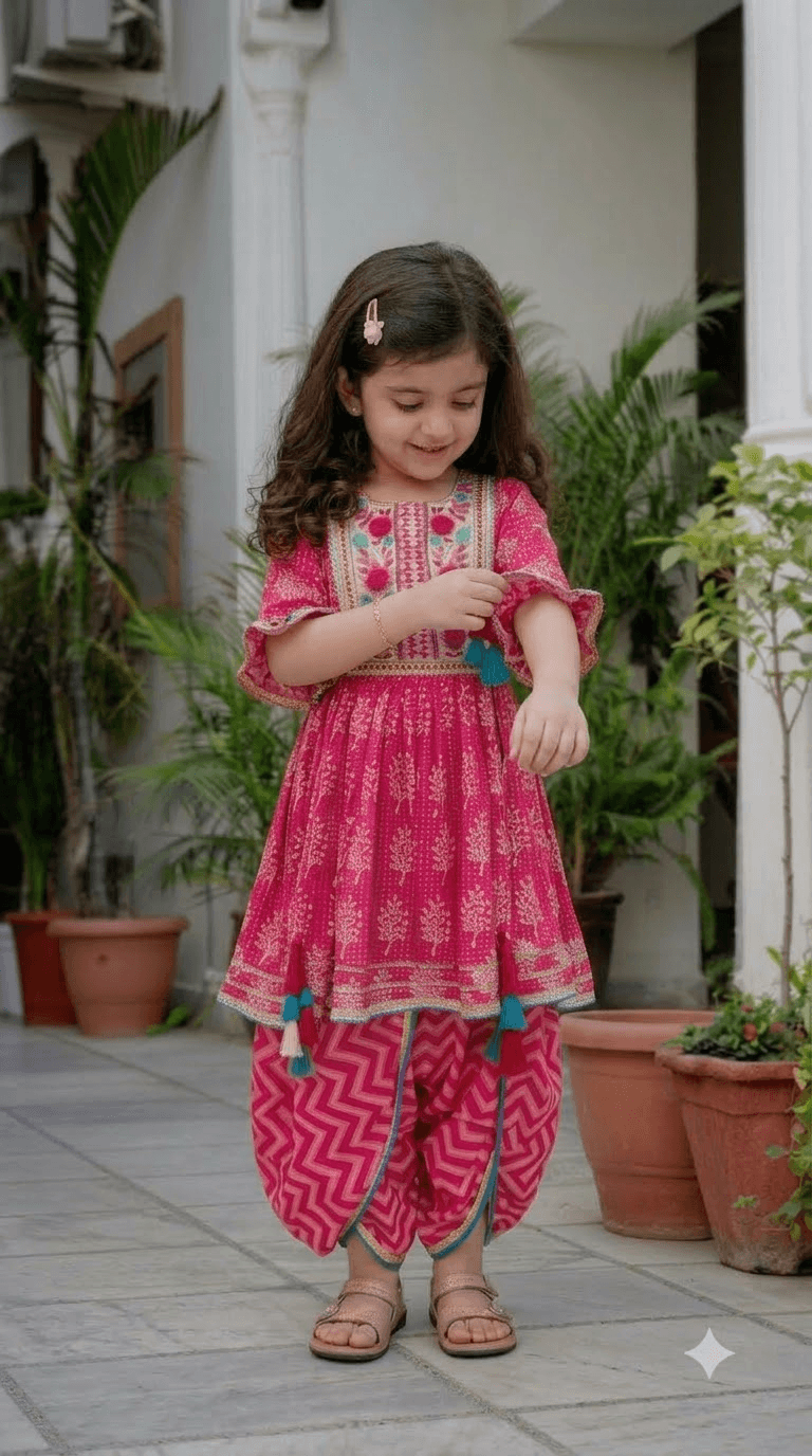 Girls Fuchsia Pink Printed Cotton Kurta with Chevron Tulip Dhoti Pant Set